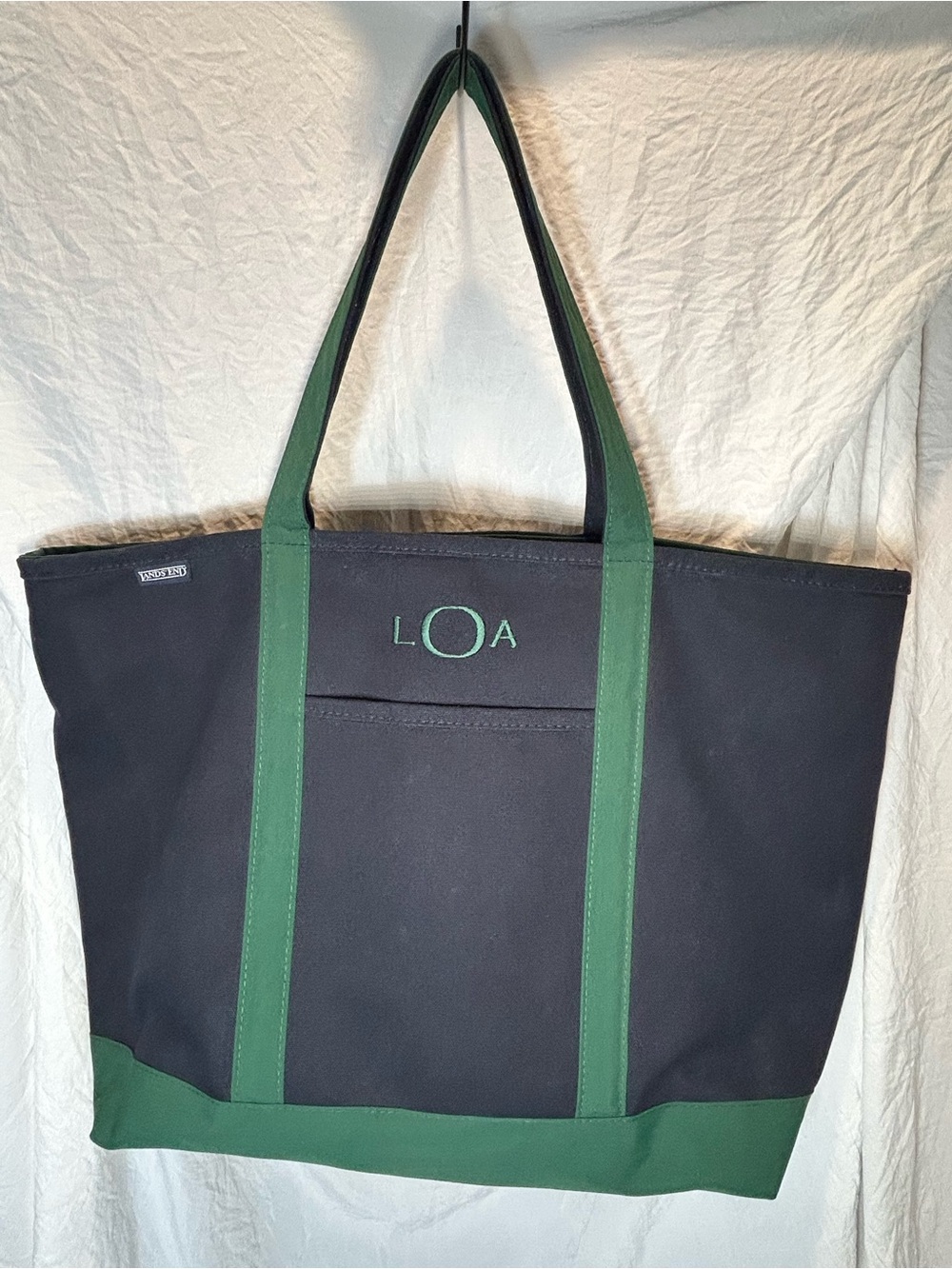 Lands' End Canvas Pocket Tote Bag Navy Blue & Green - Monogrammed "LOA" Size XL - Picture 2 of 16